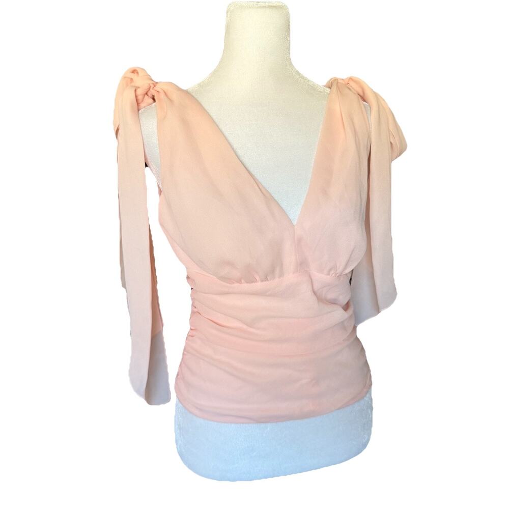 Magaschoni Womens Size 4 Blouse Light Pink Vneck Ruched Tie Shoulder Top Elegant - Picture 9 of 9